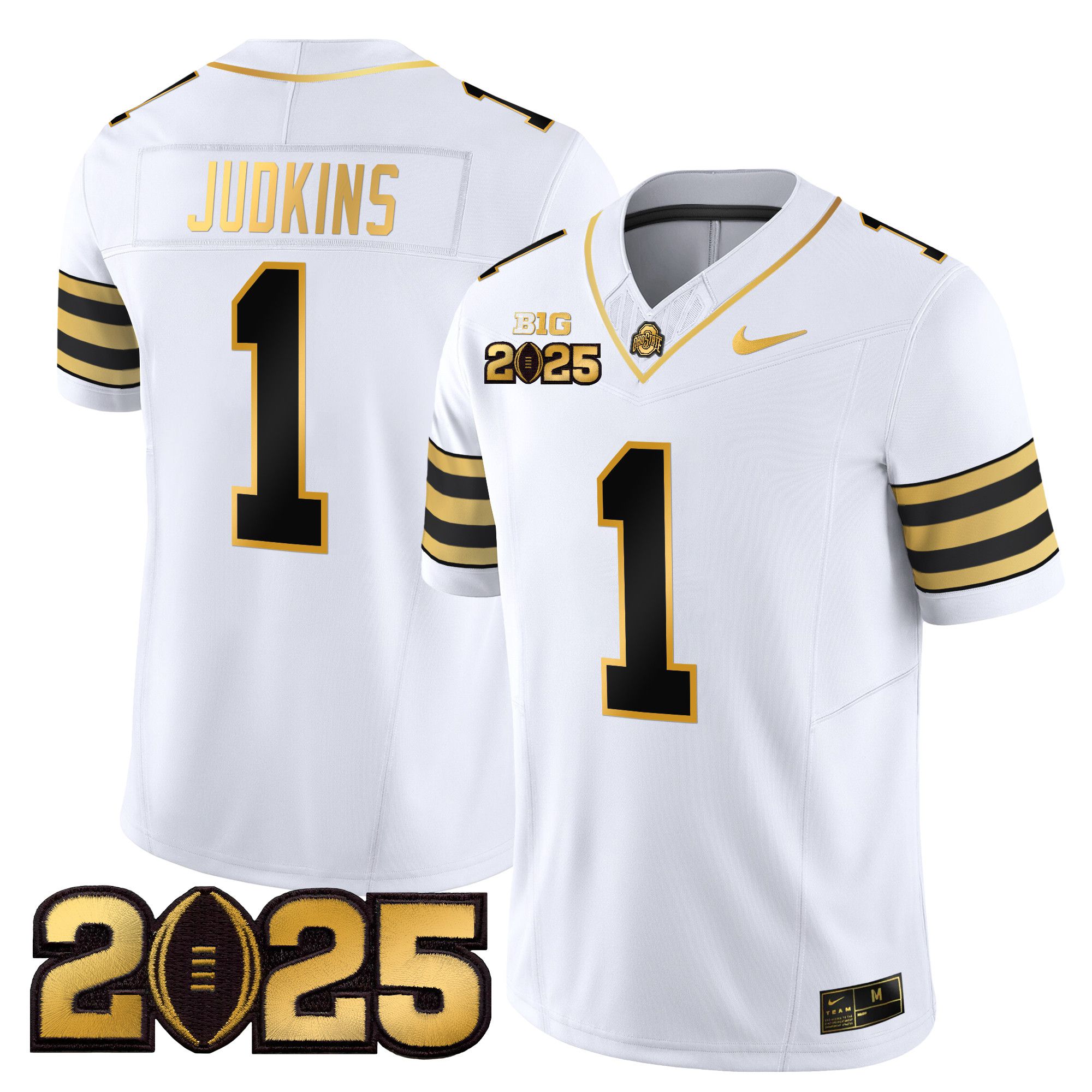 Men Ohio State Buckeyes #1 Judkins White 2025 CFP Final Patch Gold Vapor Limited NCAA Jersey->ncaa teams->NCAA Jersey